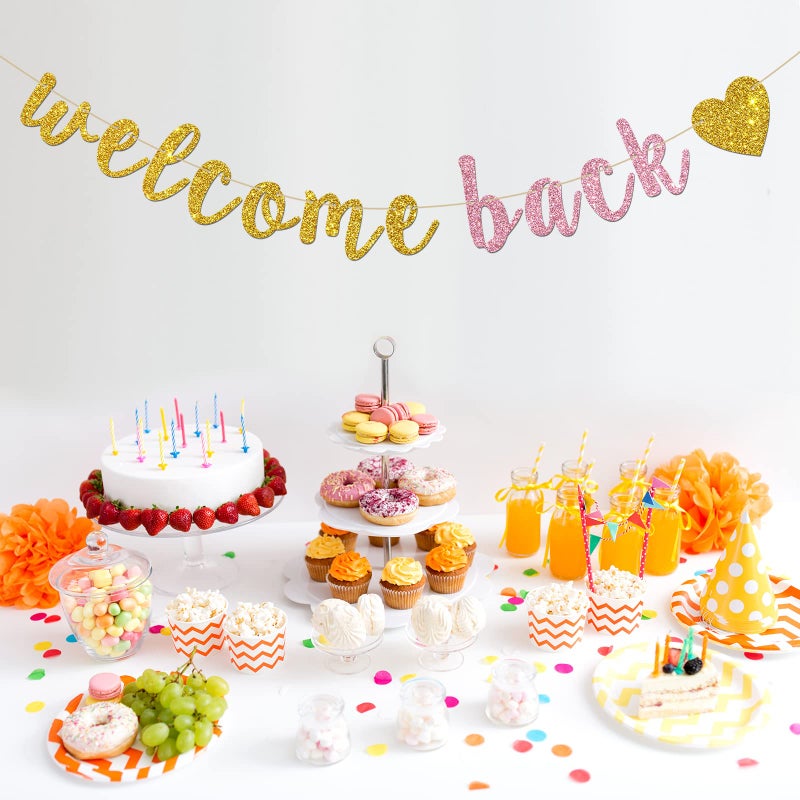 INNORU Welcome Back Banner, Gold and Pink Glitter Retirement Party Banner, Moving Away, Retirement Party Decorations, First Day of School Banner - Image 4